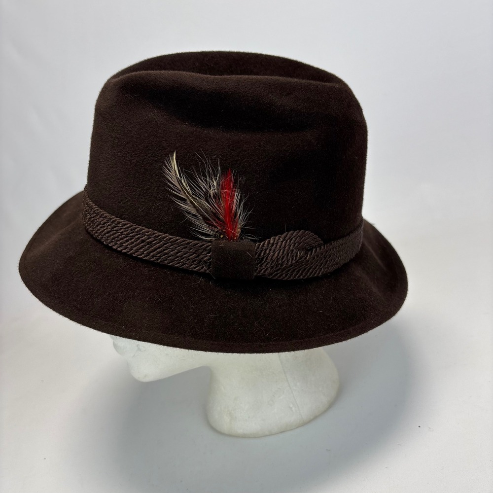 Flechet Fedora Hat Mens 7 1/8 Brown Genuine Velour Fur Felt Vintage Feather USA
